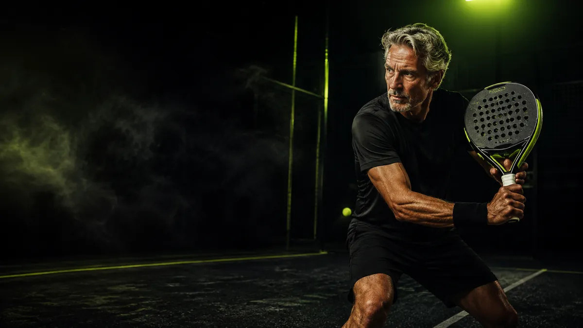 Ervaren tennisser speelt padel op donkere baan met neonaccenten voor racketkopen.nl